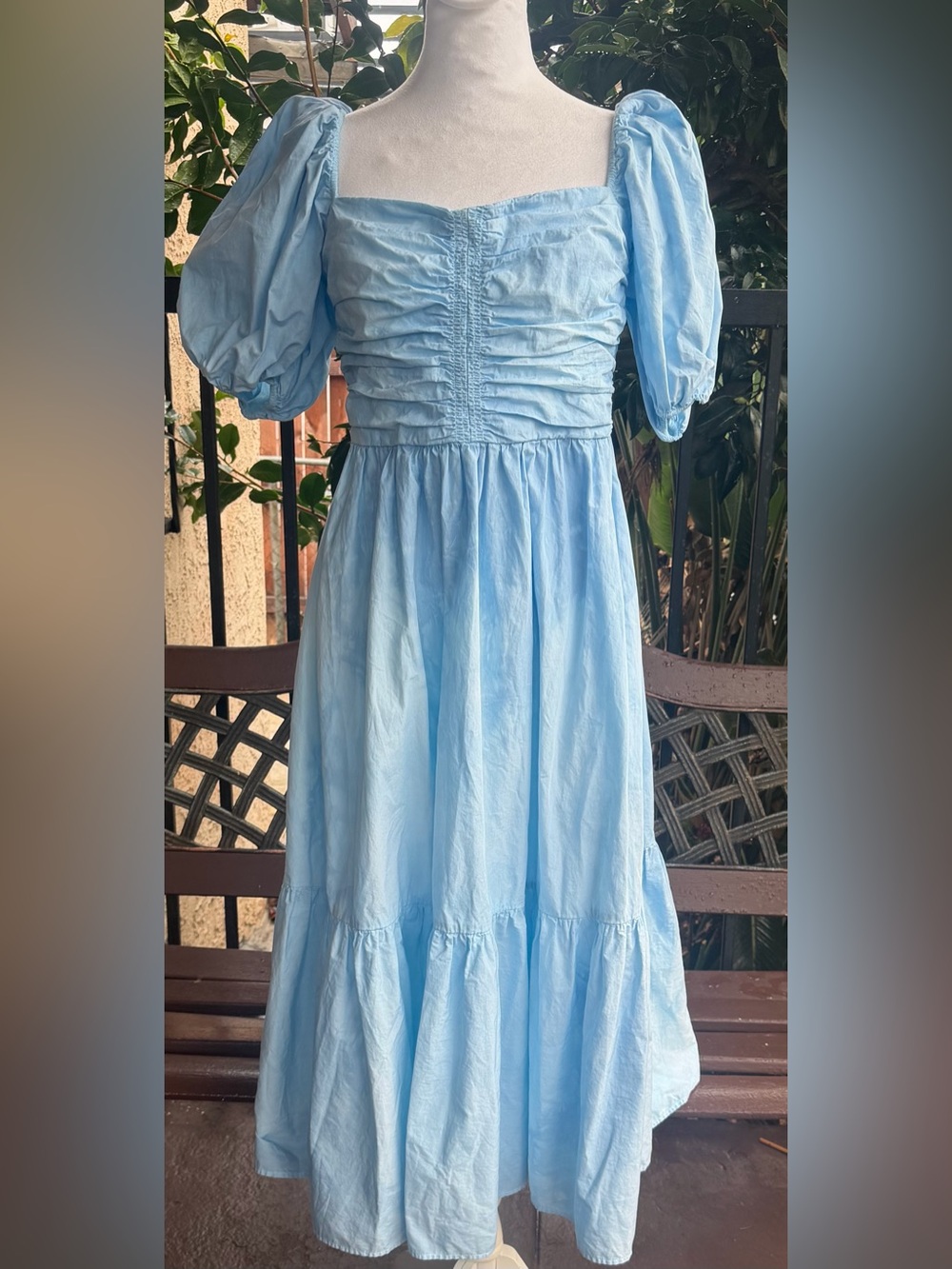 Aritzia Wilfred Semi- Tie Dye Light Blue Ruched Puff-Sleeve Midi Dress